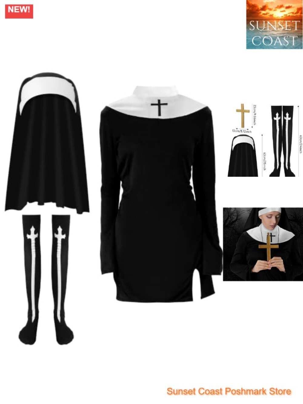 Nun Costume Set Dress Hat Thigh High Socks Cross Necklace Halloween Cosplay